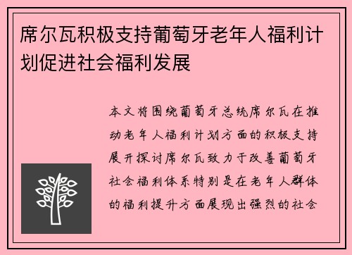 席尔瓦积极支持葡萄牙老年人福利计划促进社会福利发展